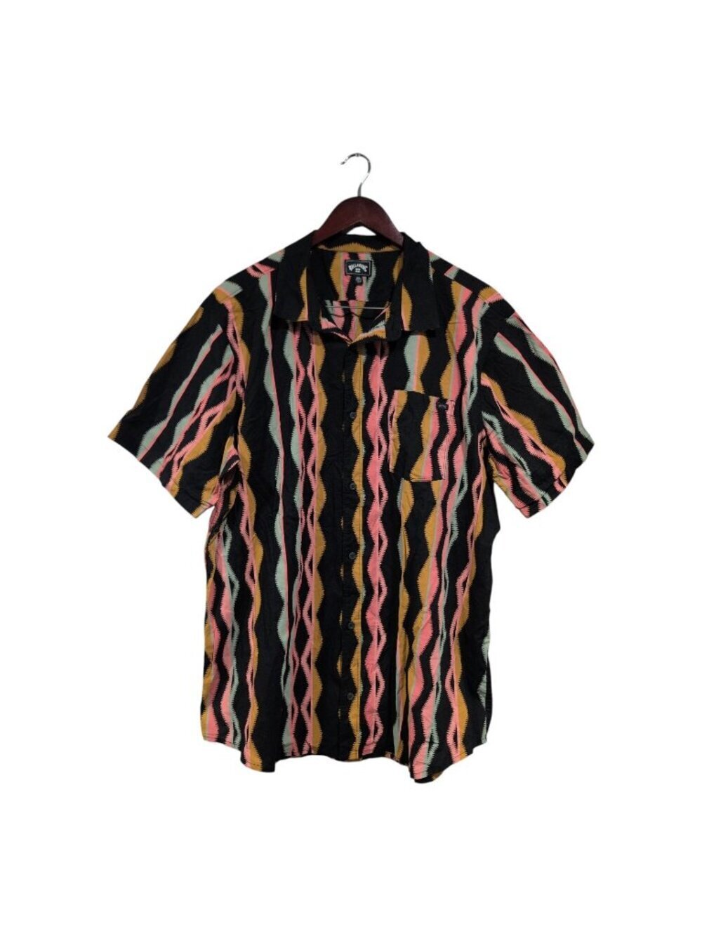 Billabong Men's Short Sleeve Button-Up Shirt Retro Striped Pink Yellow Black XXL